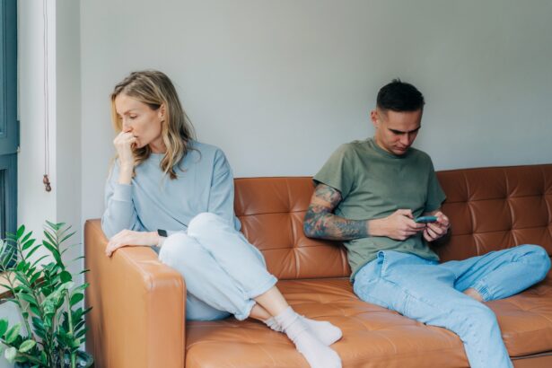 A young woman is jealous and offended by her partner. Relationship problem concept