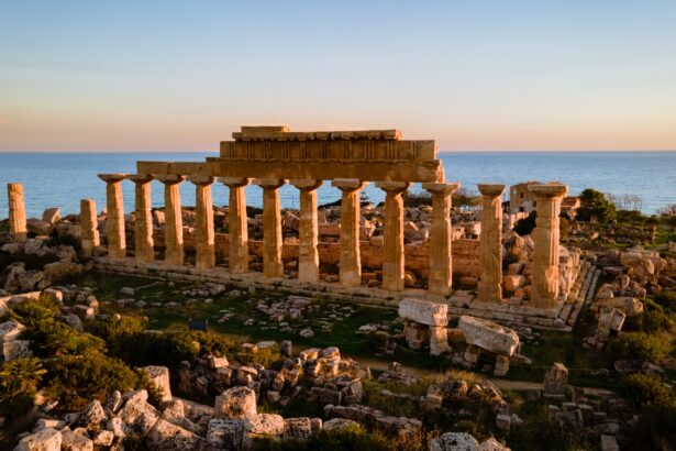 View on sea and ruins of greek columns in Selinunte Archaeological Park Sicily